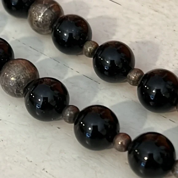 Antique Native American Sterling silver black onyx graduated bead necklace